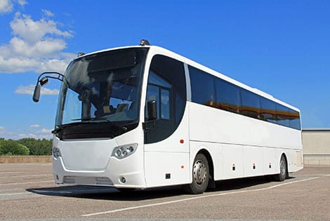 A white bus is parked on the side of the road.